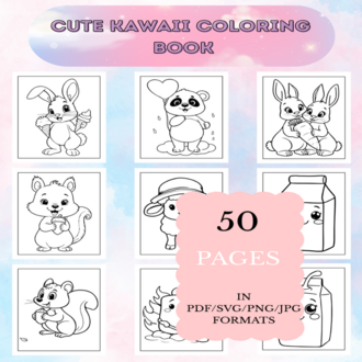 Cute Kawaii Coloring Book | Printable Art Book ( 50 Pages, PDF SVG JPG PNG FORMATS)