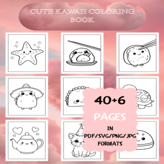 Cute Kawaii Coloring Book | Printable Art Book ( 46 Pages, PDF SVG JPG PNG FORMATS)