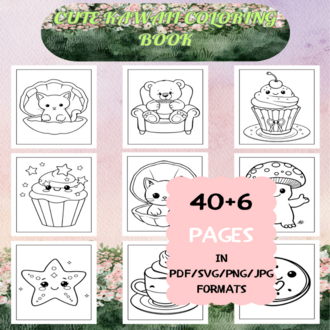 Cute Kawaii Coloring Book | Printable Art Book ( 46 Pages, PDF SVG JPG PNG FORMATS)