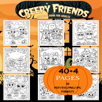 Creepy Friends Coloring Book | Printable Art Book ( 44 Pages, PDF SVG JPG PNG FORMATS)