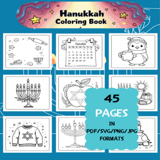 Hanukkah Coloring Book | Printable Art Book ( 45 Pages, PDF SVG JPG PNG FORMATS)