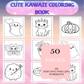Cute Kawaii Coloring Book | Printable Art Book ( 50 Pages, PDF SVG JPG PNG FORMATS)