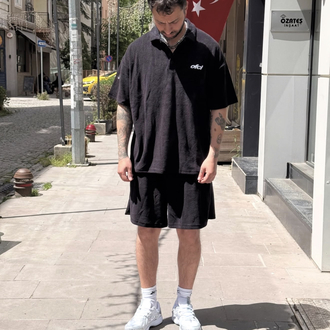 BOHOO ERKEK TOWEL OVERSIZED SHORT BLACK