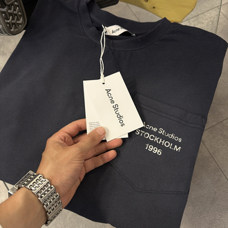 Acne Studios Cep Logo Baskılı Lacivert Tişört