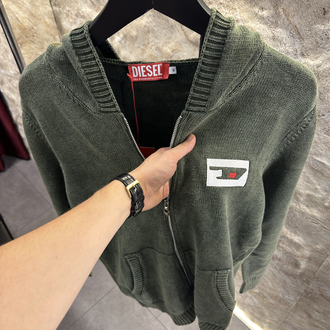 Diesel Yeşil Yıkamalı Fermuarlı Kapüşonlu Triko