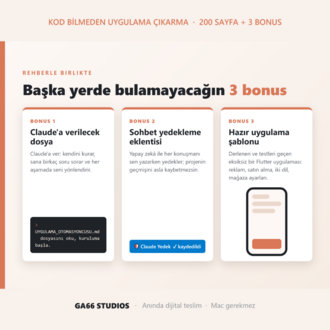 Kod Bilmeden Claude ile App Store ve Play Store için Uygulama Çıkarma (200 Sayfa + 3 Bonus)