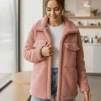 Gül Kurusu Cepli Fermuarlı Teddy Polar Ceket