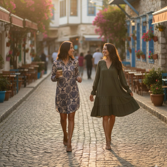 Bej Lacivert Desenli Düğmeli Kısa Gömlek Elbise