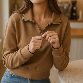 Massimo Dutti Kahverengi Süet Kumaş Yarım Fermuar Uzun Kollu Üst
