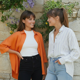 Turuncu Müslin Kumaş Oversize Kısa Kollu Gömlek
