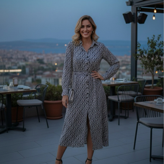 Siyah Beyaz Düşmeli Kuşaklı Elbise