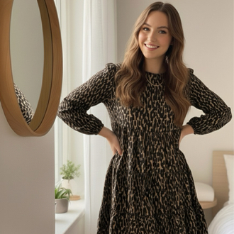 Zara Leopar Desen Uzun Kollu Kısa Elbise