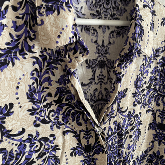 Bej Lacivert Desenli Düğmeli Kısa Gömlek Elbise