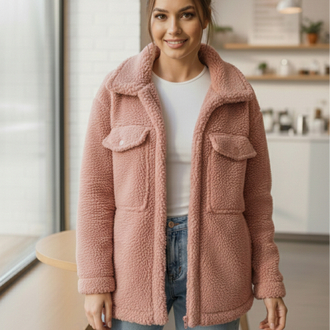 Gül Kurusu Cepli Fermuarlı Teddy Polar Ceket