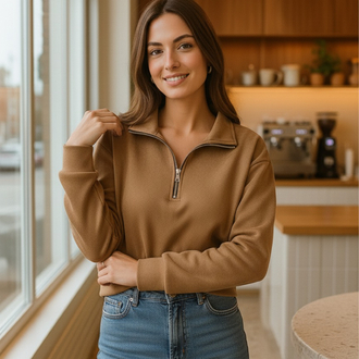 Massimo Dutti Kahverengi Süet Kumaş Yarım Fermuar Uzun Kollu Üst