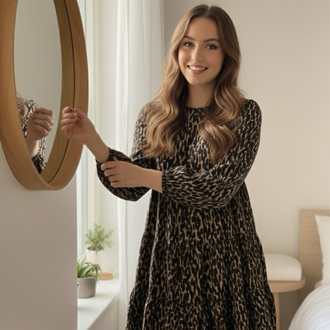 Zara Leopar Desen Uzun Kollu Kısa Elbise