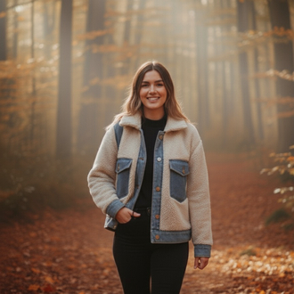 Kot Denim Detaylı Pelüş Kısa Ceket