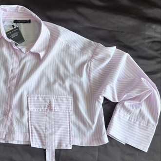 Toz Pembe Çizgili Crop Gömlek - Cep Detaylı