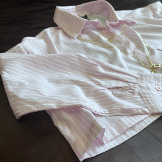 Toz Pembe Çizgili Crop Gömlek - Cep Detaylı
