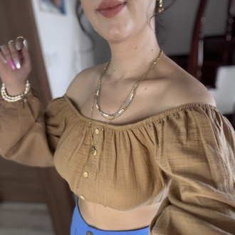 Omuzları Açık Önden Düğmeli Müslin Crop Bluz - Stokta 1 Adet