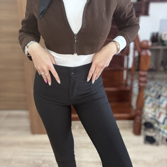 Siyah Paçası Yırtmaçlı Yüksek Bel Kumaş Pantolon