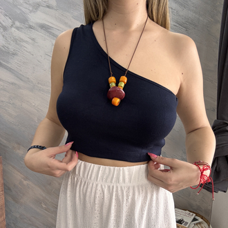 Lacivert Tek Omuzlu Crop Top