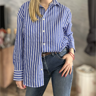 Lacoste & Mavi Beyaz Çizgili Oversize Gömlek