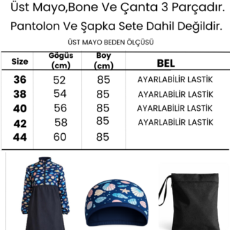 Kadın Tesettür Mayo 3'lü Set Tam Kapama Fermuarlı..Üst Mayo,Bone,Pantolon ve Çanta