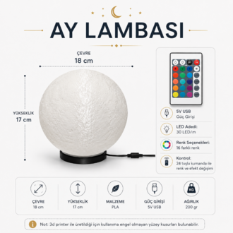 Ay Lambası – 16 Renk Kumandalı Dekoratif Gece Lambası (18 cm)