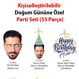 Doğum Gününe Özel Kişiselleştirilebilir Maske Seti - Fotoğraf Baskılı 55Parça Parti Seti