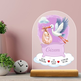 Kişiselletirilebilir Pleksi Bebek Doğum Bilgileri Tablosu – Özel Tasarım Leylek Konsepti