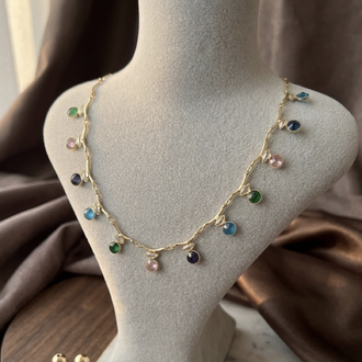Renkli Taşlı Gold Choker Kolye