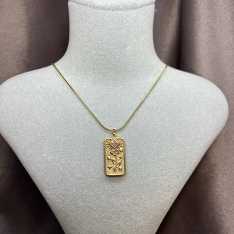 Vintage Pembe Taşlı Gold Çelik Kolye