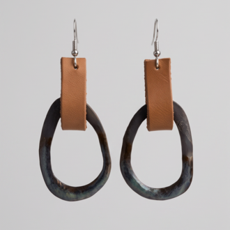El Yapımı Stoneware & Kahverengi Deri Küpe