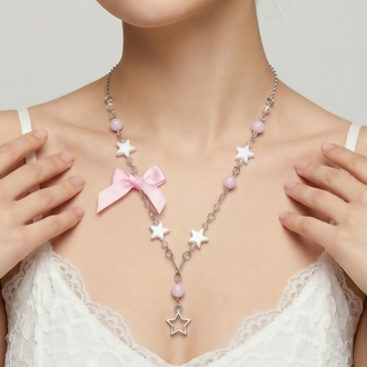 Coquette pembe saten fiyonklu ve yıldız detaylı kolye