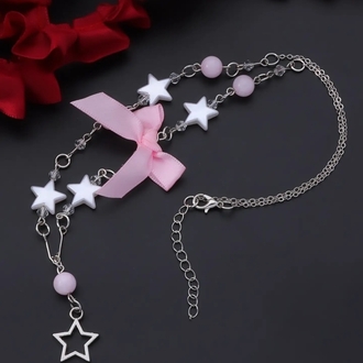 Coquette pembe saten fiyonklu ve yıldız detaylı kolye