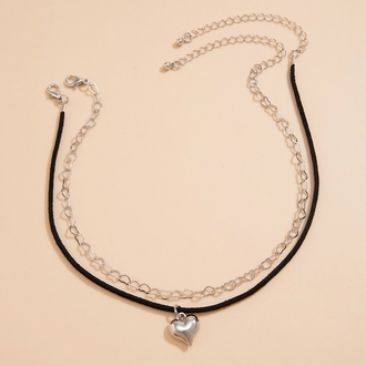 Kalp zincirli deri choker kolye seti