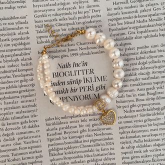 İki Şeritli Kalpli İnci Bileklik