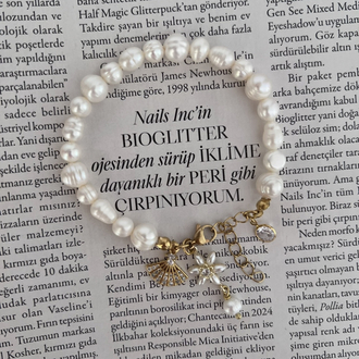 İncili Çiçek Yelpaze Karışık Boy İnci Bileklik
