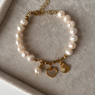 İstiridye Kalp Charm İnci Bileklik