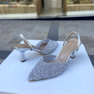 Gümüş şeffaf taşlı 6 cm topuklu ayakkabı