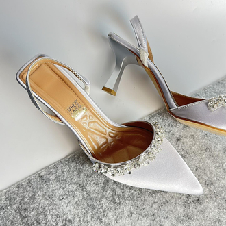 Gümüş saten 6 cm topuklu ayakkabı