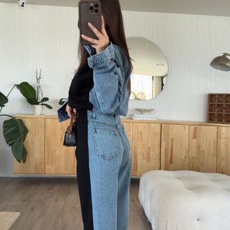 Denim Detaylı Siyah Takım 