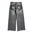 Gri Double Fire Skull Streetwear Yıkamalı Jean Pantolon