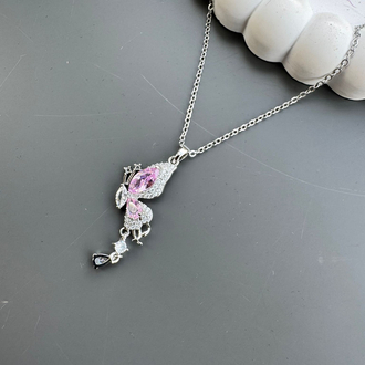 PEMBE TAŞLI GÜMÜŞ KELEBEK KOLYE ÇELİK 