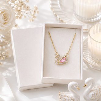 GOLD RENK PEMBE TAŞLI KUĞU KOLYE ÇELİK