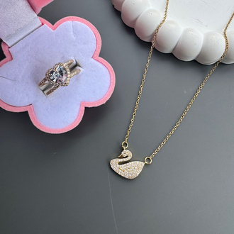 GOLD KUĞU KOLYE YÜZÜK SETİ ÇELİK 