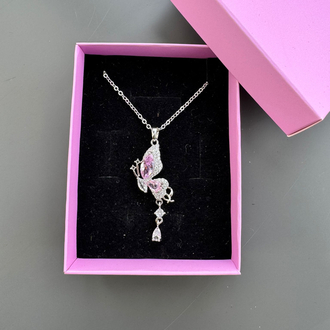PEMBE TAŞLI GÜMÜŞ KELEBEK KOLYE ÇELİK 