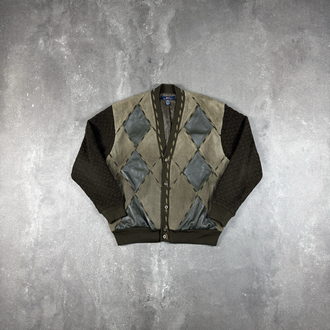 (XL) Vintage North Winds Leather Panel Argyle Cardigan