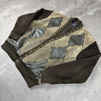 (XL) Vintage North Winds Leather Panel Argyle Cardigan